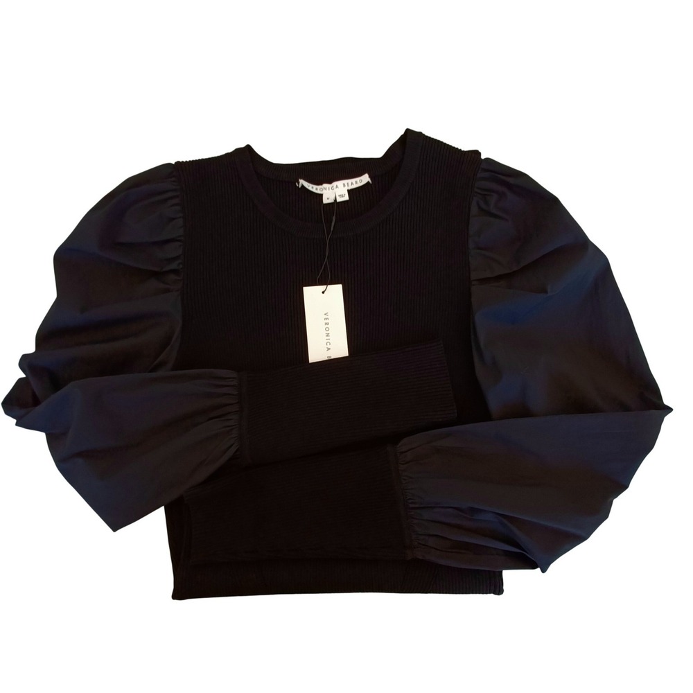 Veronica Beard Wilkin Knit Dress Black Puff Sleeve Mixed Media Mini M NEW - Picture 11 of 12
